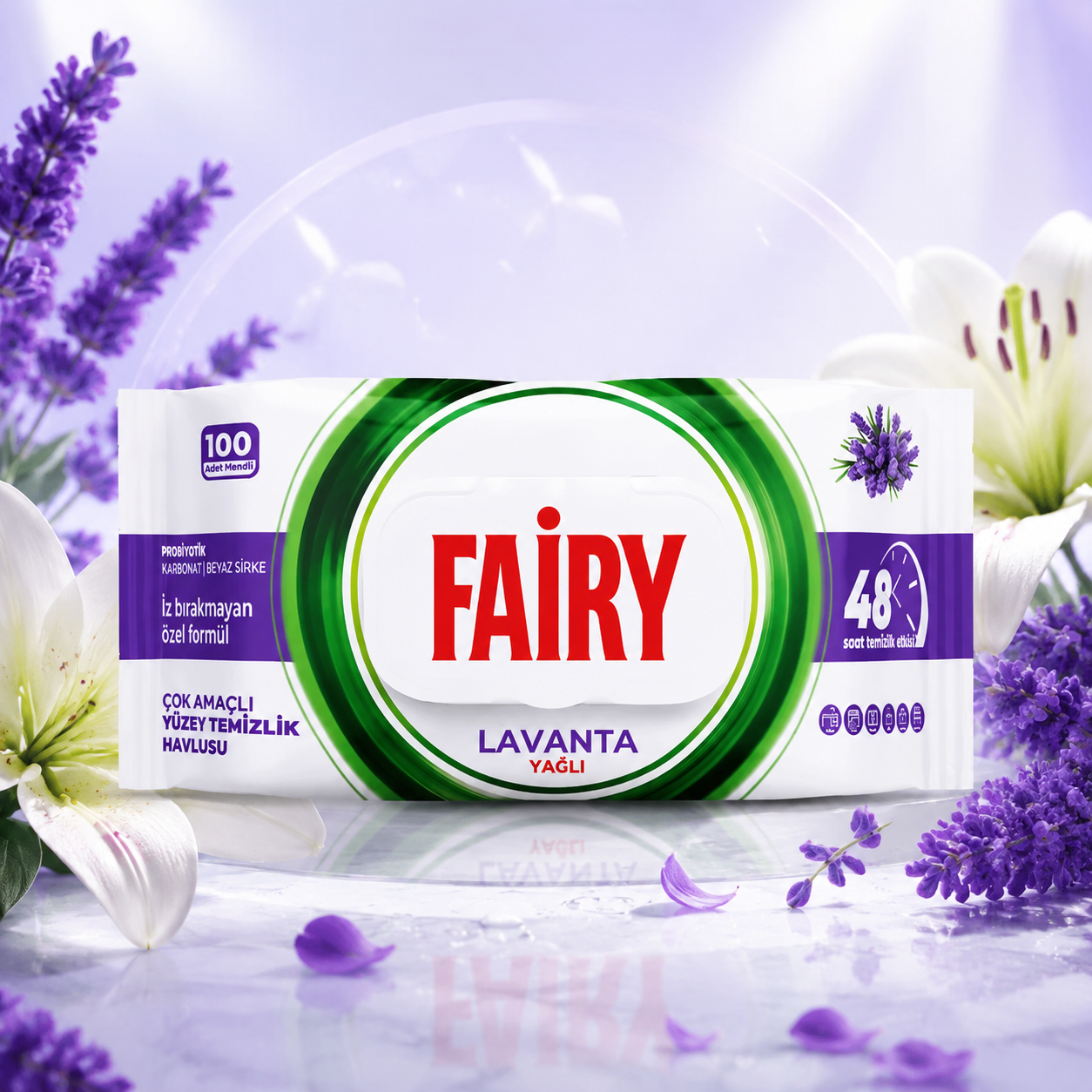 دستمال مرطوب چند منظوره سطوح فیری Fairy رایحه لوندر بسته 100 عددی
