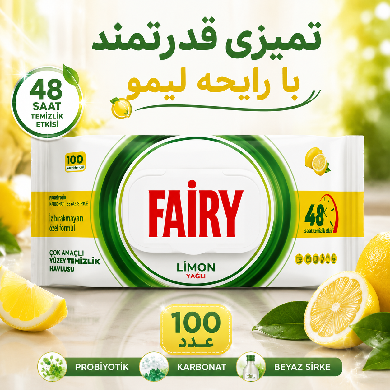 دستمال مرطوب چند منظوره سطوح فیری Fairy رایحه لیمو بسته 100 عددی